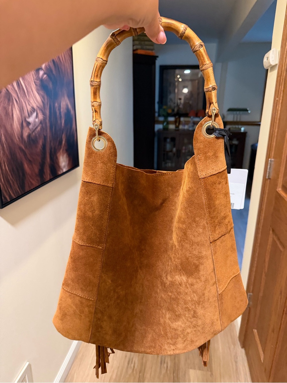 Marlon Made in Italy Suede Leather Bamboo Fringe Hobo Bag NWT - Picture 2 of 11
